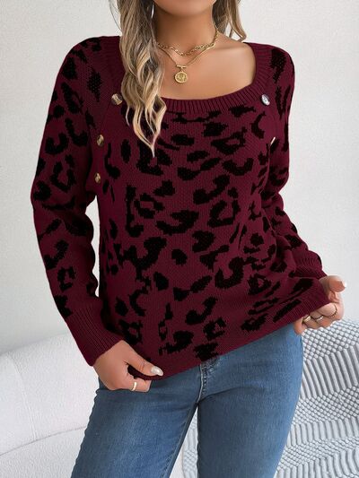 Leopard Buttoned Square Neck Sweater