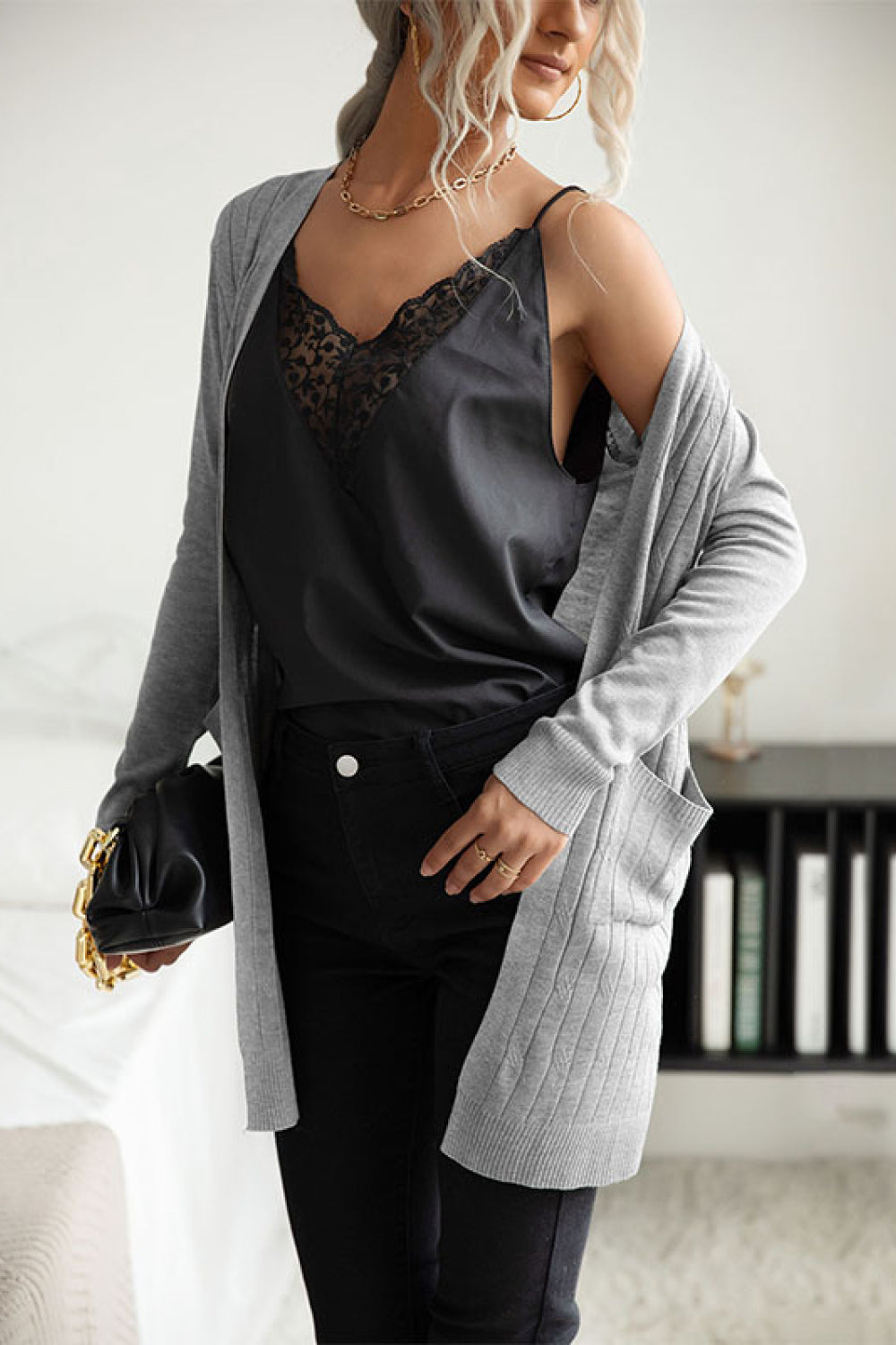Ribbed Longline Open Front Cardigan