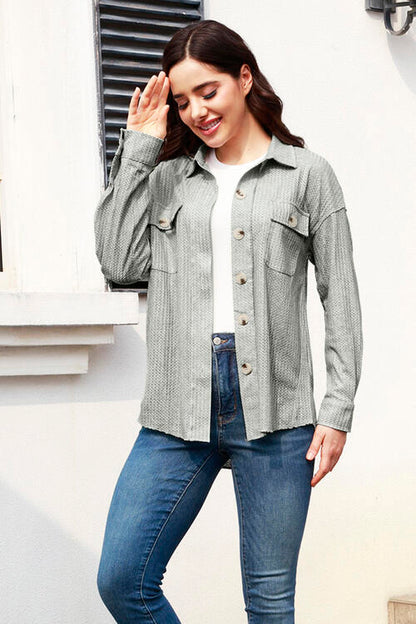 Button Up Collared Neck Long Sleeve Shacket