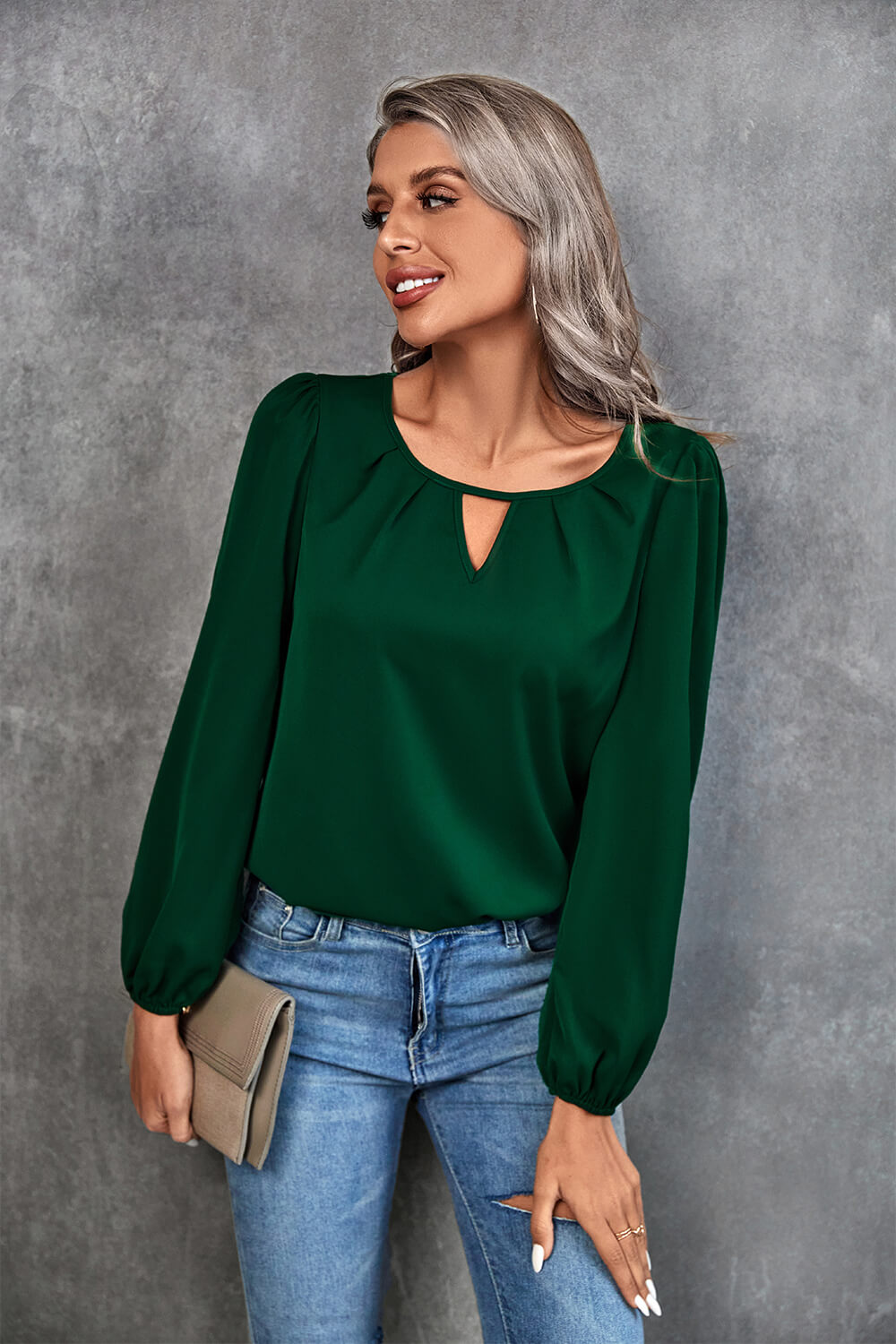Pleated Detail Cutout Puff Sleeve Blouse