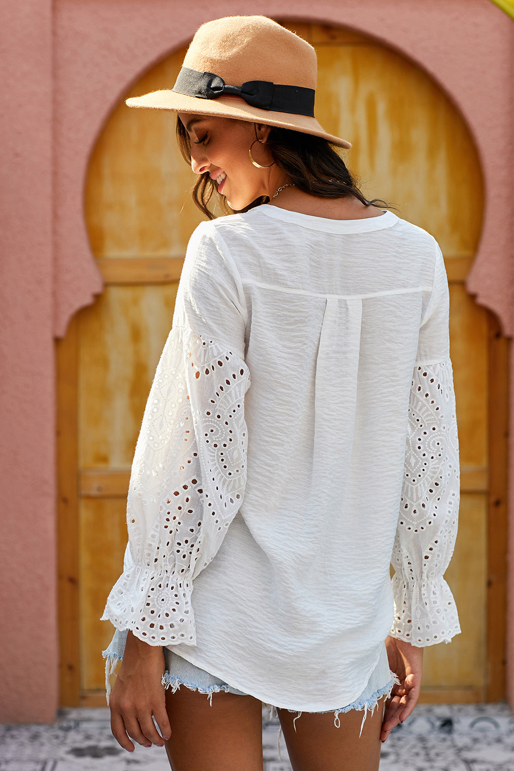 Full Size Eyelet Sleeve Button Down Top