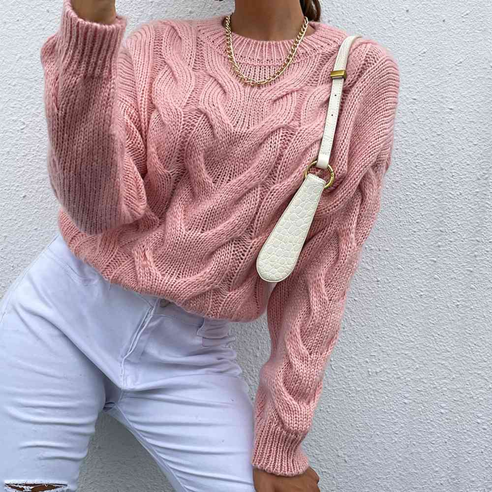 Cable-Knit Round Neck Long Sleeve Sweater