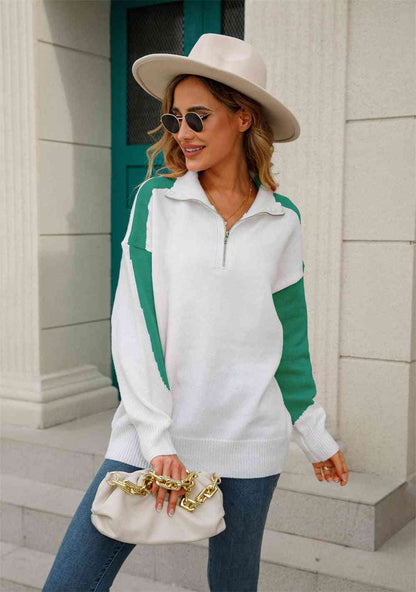 Two-Tone Collared Neck Dropped Shoulder Knit Top
