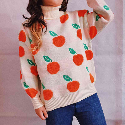 Fruit Pattern Turtleneck Dropped Sweater