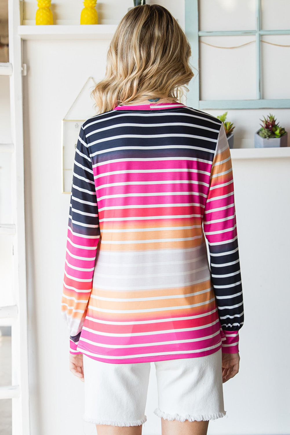Gradient Striped Long Sleeve V-Neck Top