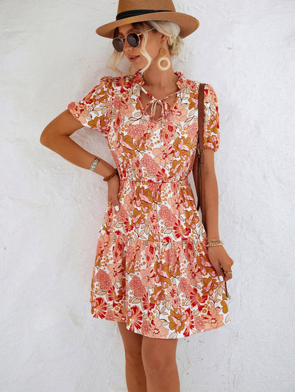 Floral Tie Neck Puff Sleeve Tiered Dress