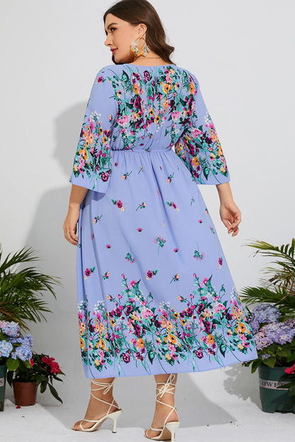 Plus Size Floral V-Neck Three-Quarter Sleeve Midi Dress