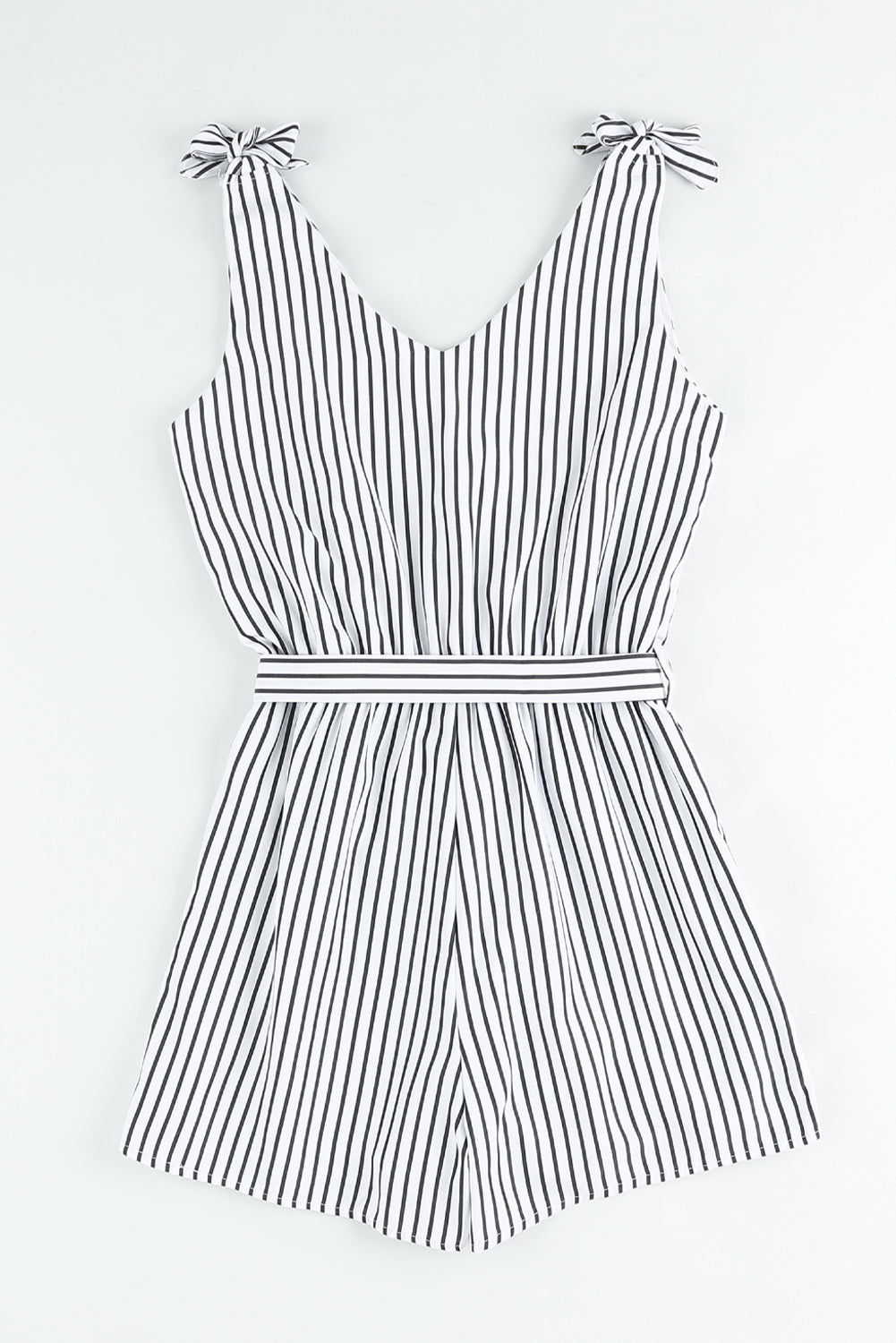 Striped Tie-Shoulder Belted Surplice Romper