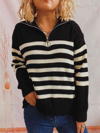Striped Half Zip Collared Sweater
