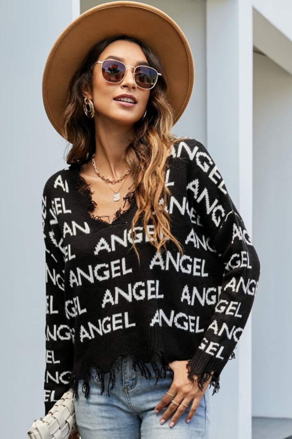 ANGEL Distressed V-Neck Dropped Shoulder Sweater