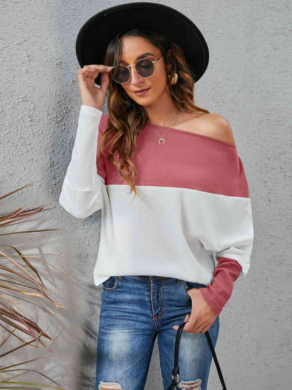 Two-Tone Boat Neck Knit Top