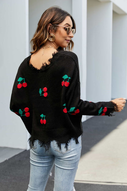 Cherry Pattern Frayed Trim V-Neck Sweater