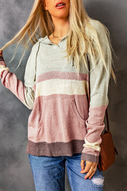 Color Block Drawstring Side Slit Hooded Sweater