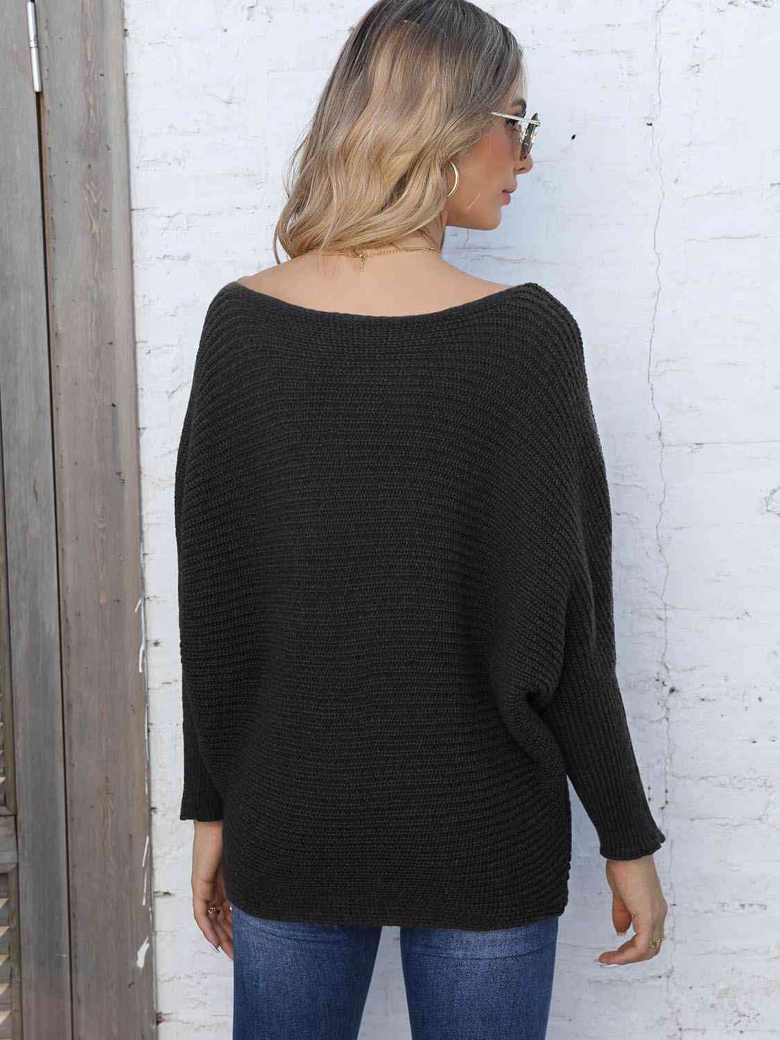 Full Size Horizontal Ribbing Dolman Sleeve Sweater