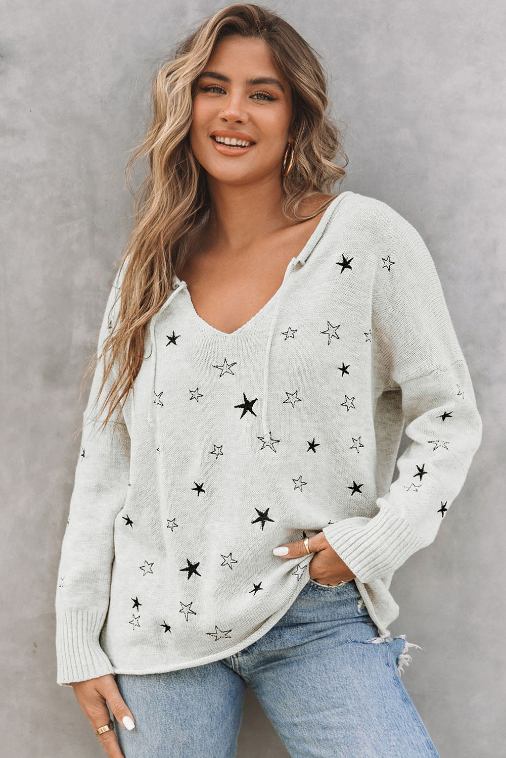 Star V-Neck Roll Hem Drop Shoulder Sweater