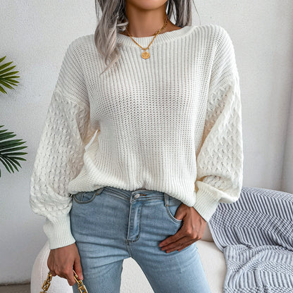 Mixed Knit Round Neck Dropped Shoulder Sweater