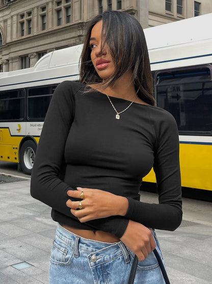 Backless Round Neck Long Sleeve Blouse