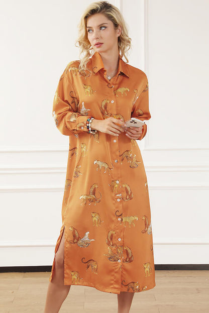 Animal Pattern Long Sleeve Slit Shirt Dress