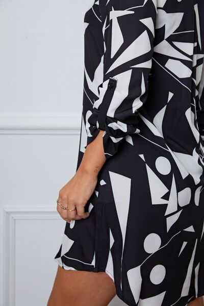 Geometric V-Neck Roll-Tab Sleeve Mini Dress