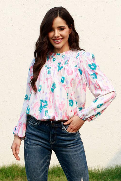 Floral Smocked Balloon Sleeve Round Neck Blouse