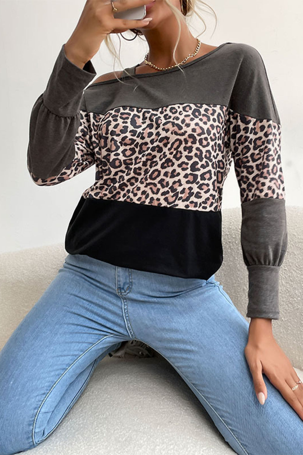 Leopard Print Color Block Cold  Shoulder Top