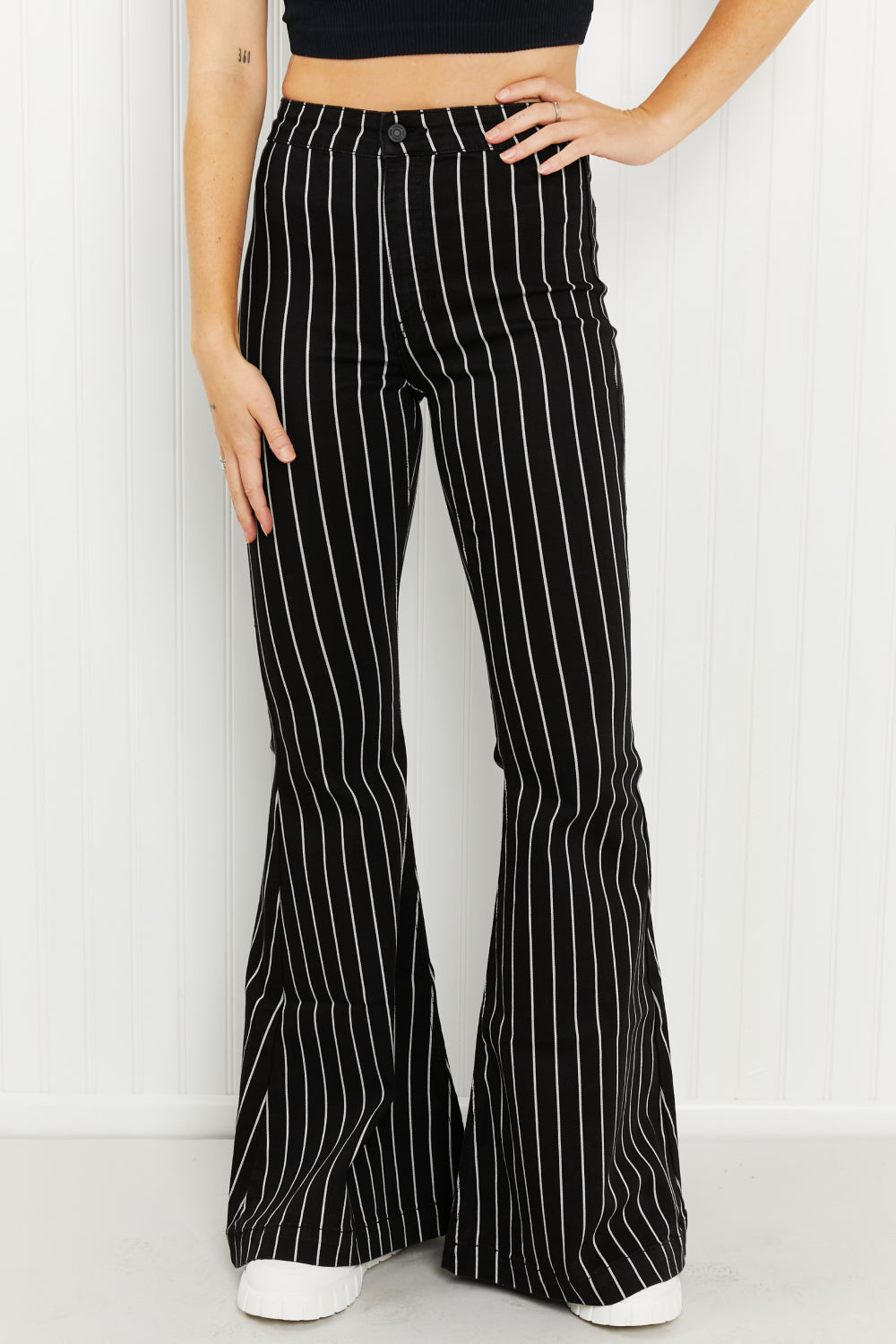 Kancan Blakely Pinstripe High-Rise Super-Flare Jeans