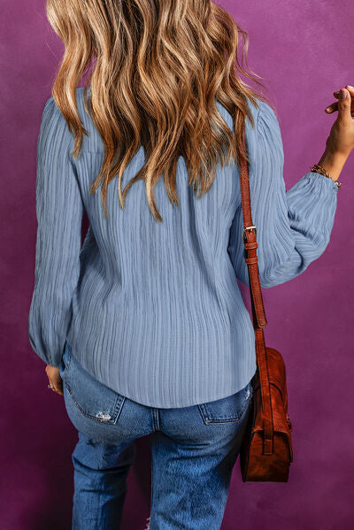 Texture Buttoned V-Neck Long Sleeve Blouse