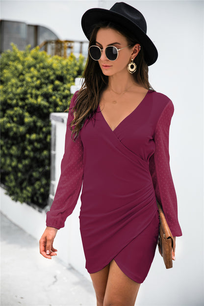 Contrast Mesh Sleeve Wrap Front Dress