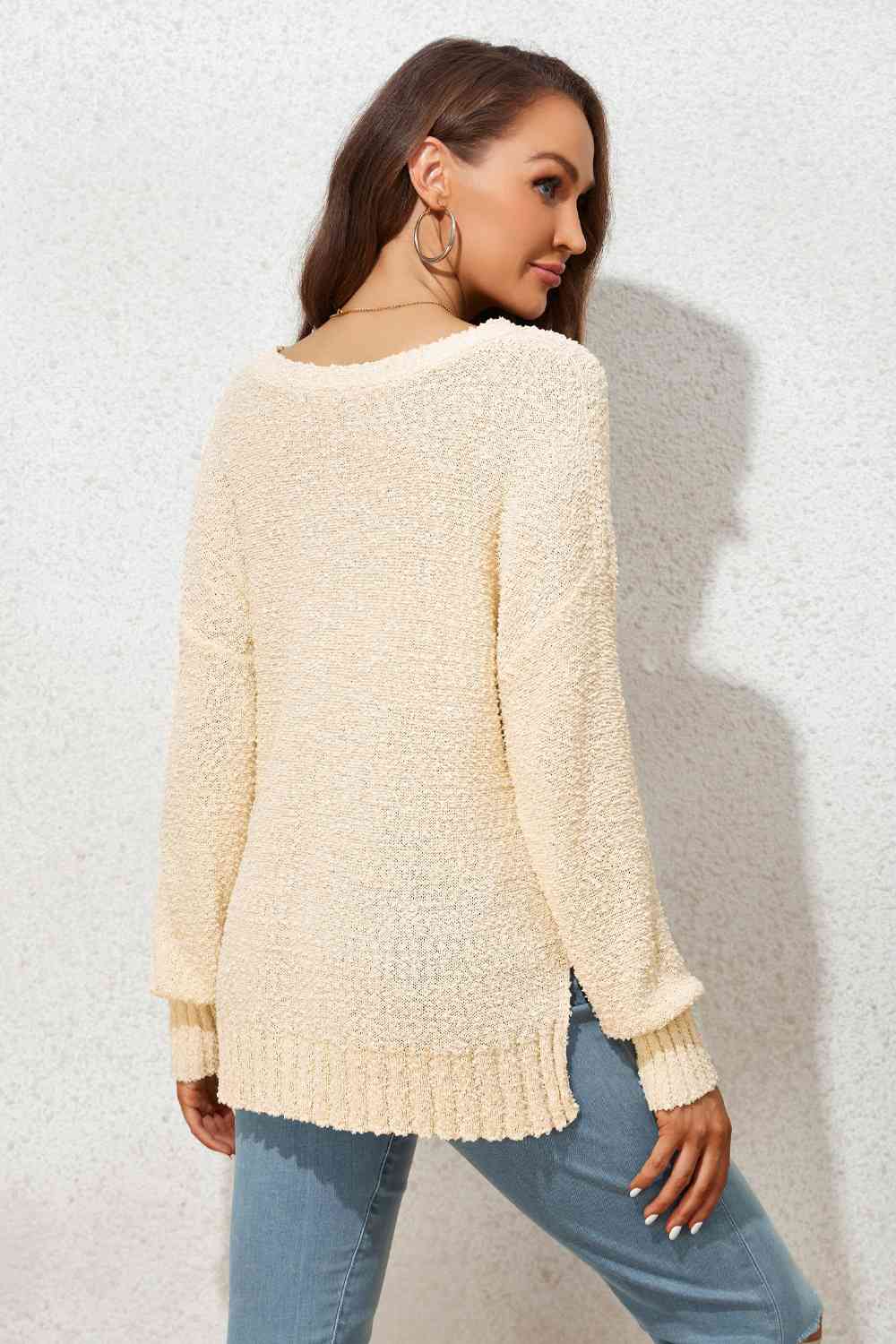 V-Neck Drop Shoulder Slit Sweater