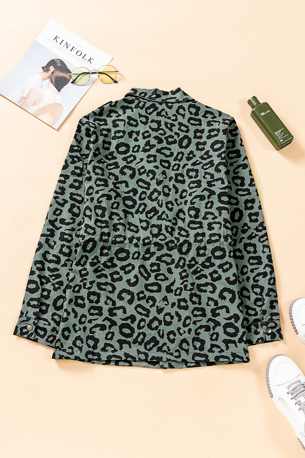 Leopard Drawstring Waist Jacket with Pockets