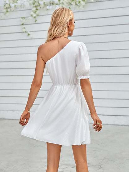 One-Shoulder Puff Sleeve A-Line Dress