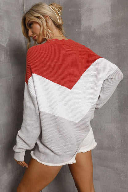 Color Block Round Neck Rib-Knit Sweater