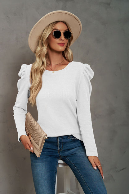 Waffle-Knit Puff Sleeve Round Neck Top