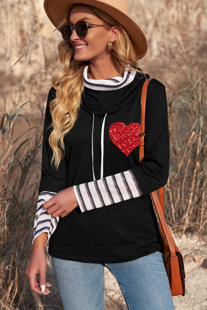 Striped Sequin Heart Graphic Long Sleeve Top