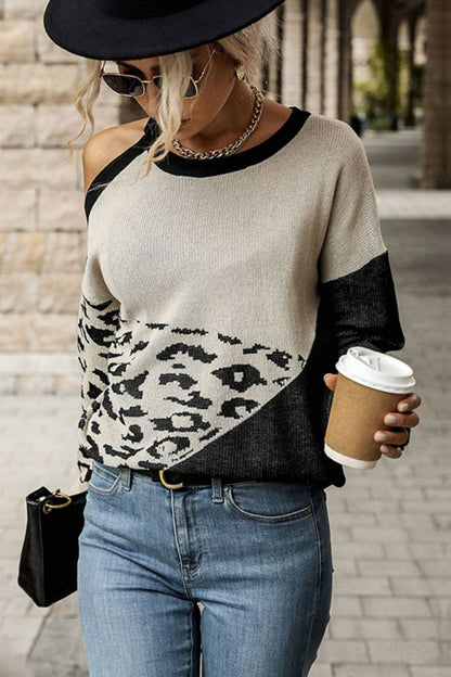 Leopard Color Block Cold-Shoulder Sweater