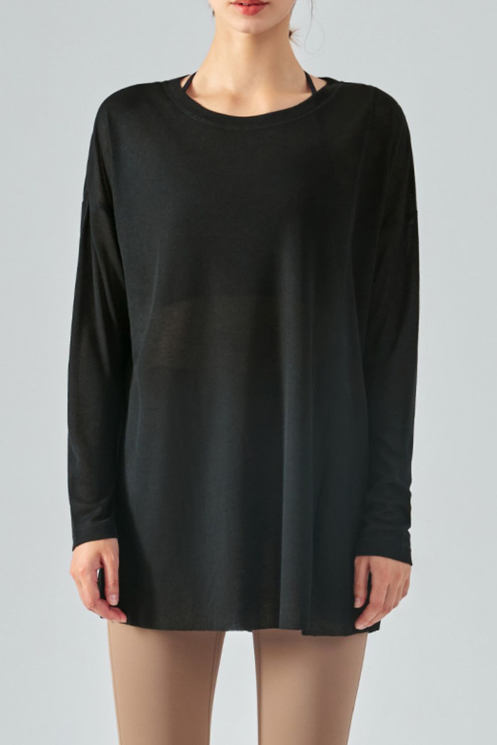 Round Neck Slit Sheer Tunic Sports Top