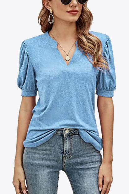 Notched Neck Puff Sleeve Tee
