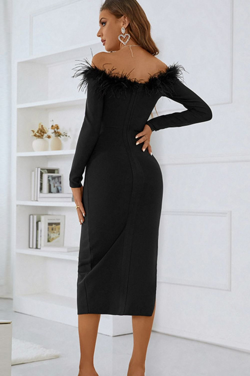 Feather Trim Off-Shoulder Cutout Split Dress