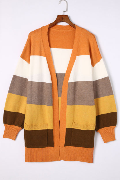 Color Block Lantern Sleeve Open Front Cardigan with Pockets