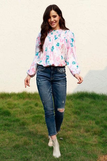 Floral Smocked Balloon Sleeve Round Neck Blouse