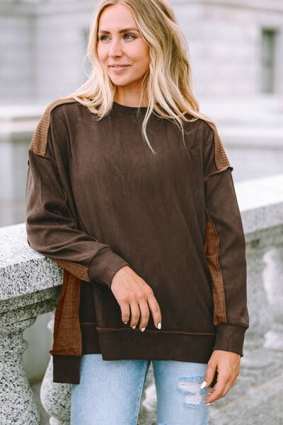 Ribbed Exposed Seam Dropped Shoulder Blouse