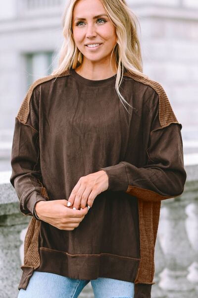 Ribbed Exposed Seam Dropped Shoulder Blouse