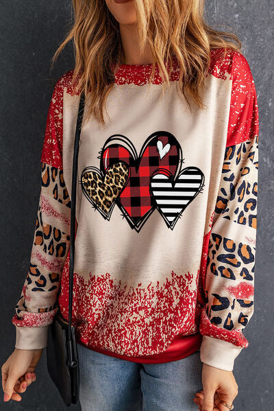 Heart Leopard Round Neck Sweatshirt
