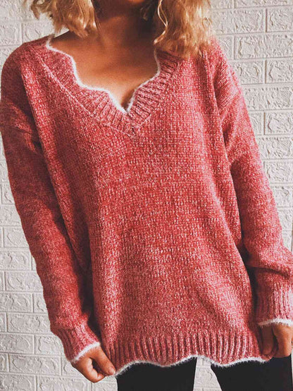 Notched Dropped Shoulder Long Sleeve Sweater