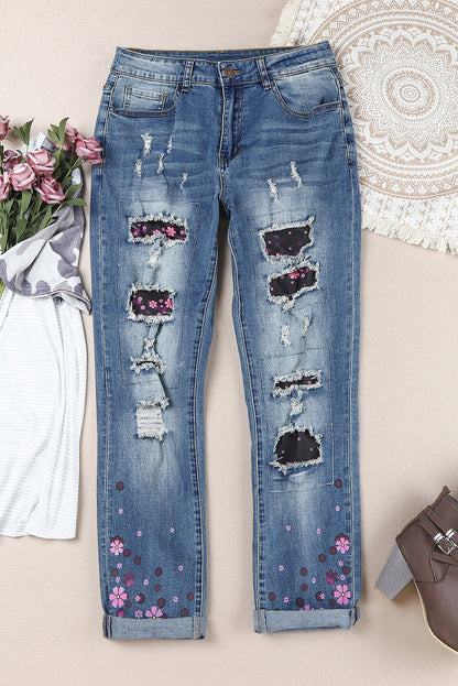 Floral Graphic Patchwork Distressed Jeans with Pockets