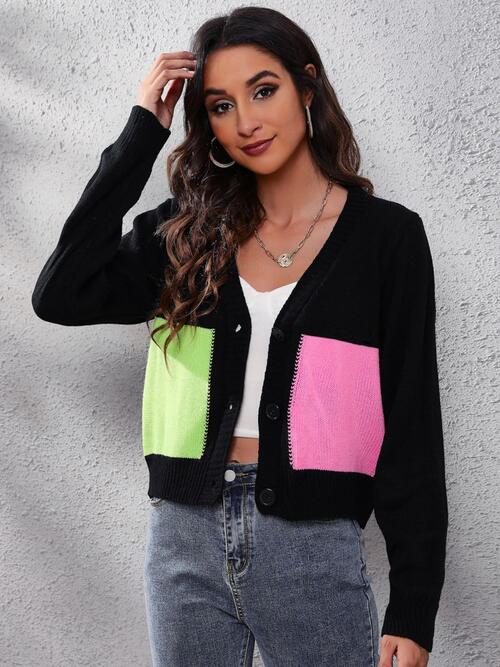 Color Block Button Up Long Sleeve Cardigan