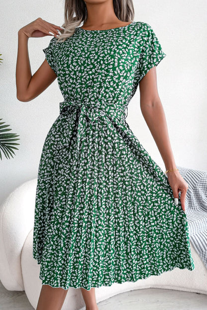 Ditsy Floral Pleated Belted Dress