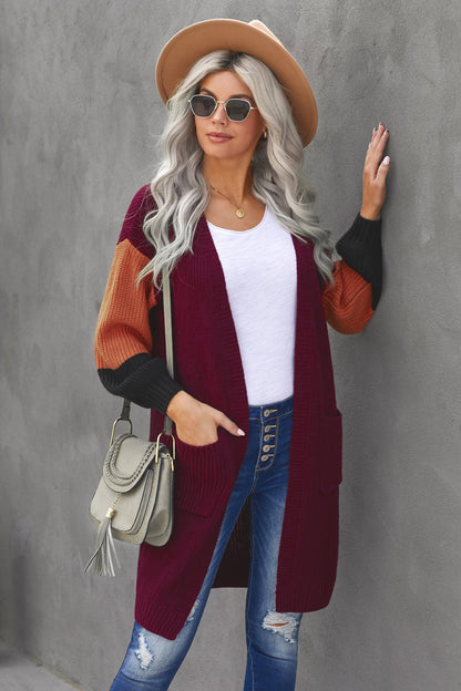 Color Block Rib-Knit Longline Cardigan with Front Pockets