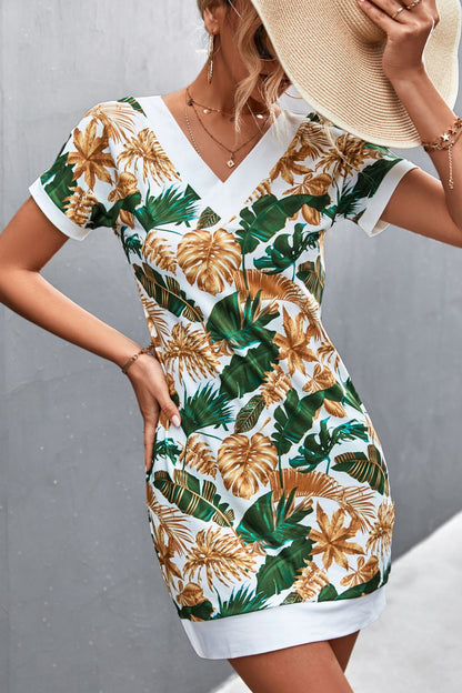 Botanical Print V-Neck Short Sleeve Mini Dress