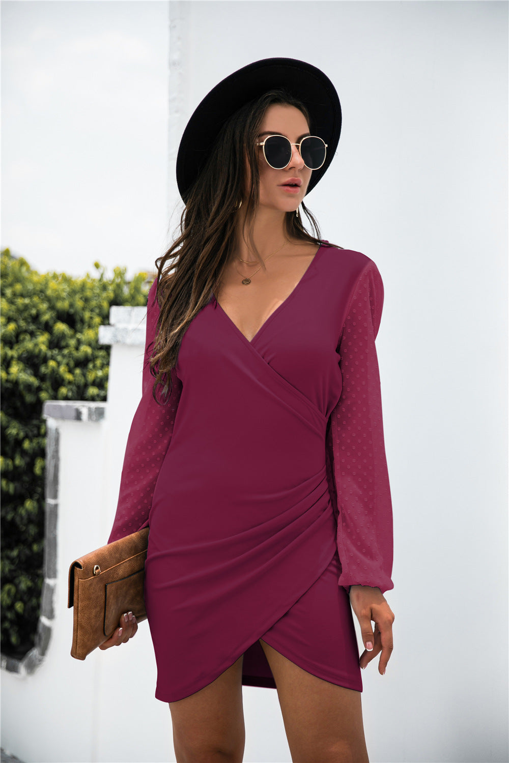 Contrast Mesh Sleeve Wrap Front Dress